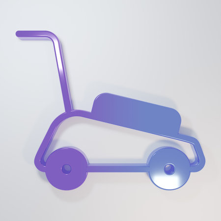 Purple-blue Lawn mower icon isolated on gray background. Lawn mower cutting grass. Minimalism concept. 3D render illustration.の写真素材