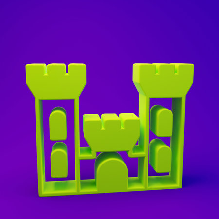 Green Castle icon isolated on purple-blue background. Medieval fortress with a tower. Protection from enemies. Reliability and defense of the city. Minimalism concept. 3D render illustration.の写真素材