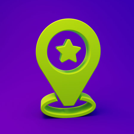 Green Map pointer with star icon isolated on purple-blue background. Star favorite pin map icon. Map markers. Minimalism concept. 3D render illustration.の写真素材