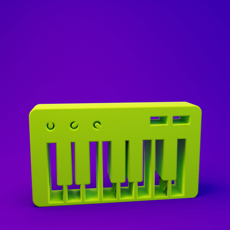 Green Music synthesizer icon isolated on purple-blue background. Electronic piano. Minimalism concept. 3D render illustration.の写真素材