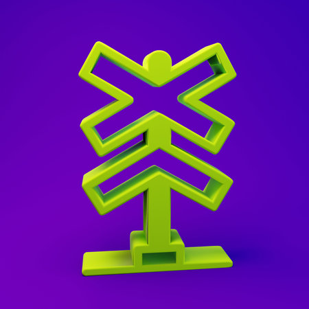 Green Railroad crossing icon isolated on purple-blue background. Railway sign. Minimalism concept....