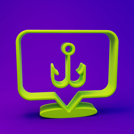 Green Fishing hook icon isolated on purple-blue background. Fishing tackle. Minimalism concept. 3D...