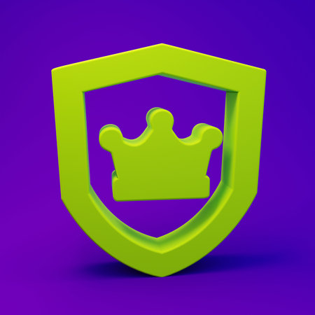 Green Shield with crown icon isolated on purple-blue background. Minimalism concept. 3D render...