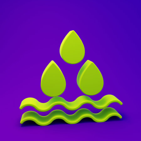 Green Water drop icon isolated on purple-blue background. Minimalism concept. 3D render...