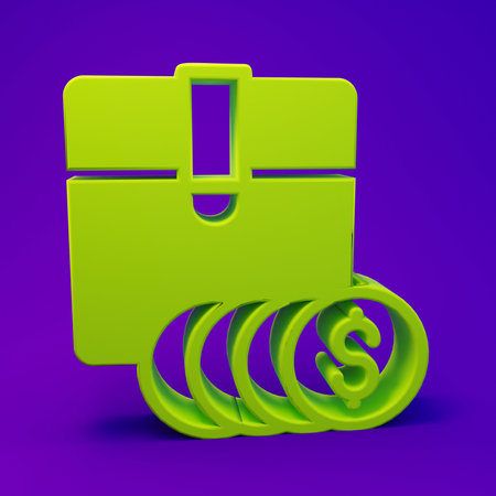 Green Item price tag with dollar icon isolated on purple-blue background. Badge for price. Sale with...