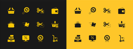 Set Wallet Discount percent tag Scissors cuts discount coupon Location with cardboard box Shopping basket and Magnifying glass icon. Vector.のイラスト素材