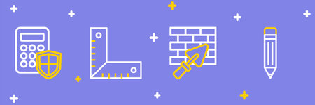 Set line Pencil with eraser Brick wall trowel Corner ruler and Security keypad access panel icon. Vector.のイラスト素材
