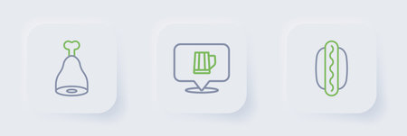 Set line Hotdog sandwich Wooden beer mug and Chicken leg icon. Vector.のイラスト素材