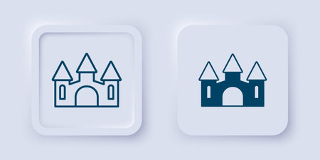 Filled and outline Castle icon isolated on gray background. Medieval fortress with a tower. Protection from enemies. Reliability and defense of the city. Square button. Vector.のイラスト素材