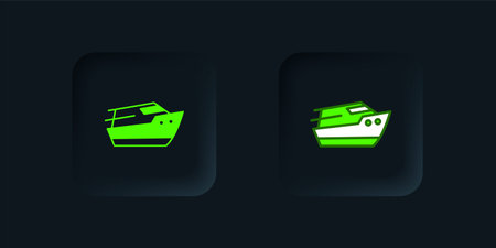 Green Speedboat icon isolated on black background. Black square button. Vector.のイラスト素材