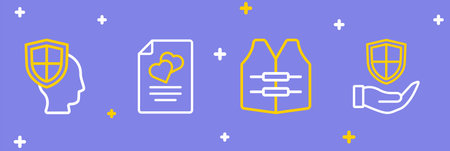 Set line Shield in hand Life jacket Marriage contract and insurance with shield icon. Vector.のイラスト素材