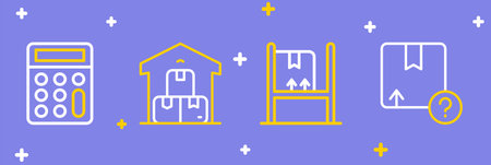 Set line Carton cardboard box Warehouse interior with boxes Full warehouse and Calculator icon....