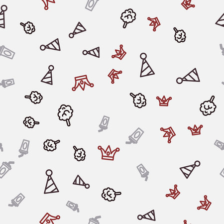 Set line Cotton candy Party hat Paper glass with water and Jester bells on seamless pattern. Vector.