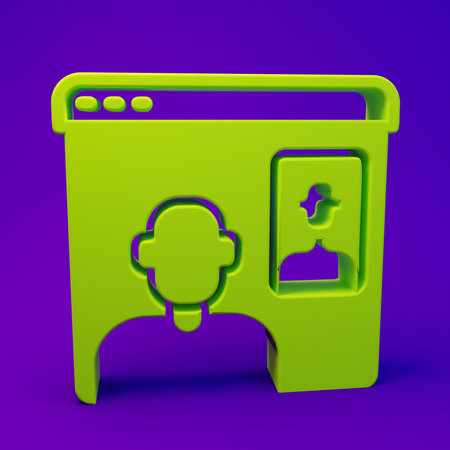 Green Video chat conference icon isolated on purple-blue background. Online meeting work form home. Remote project management. Minimalism concept. 3D render illustration.の写真素材