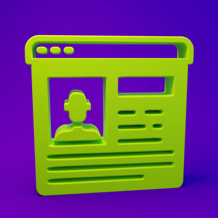 Green Resume icon isolated on purple-blue background. CV application. Searching professional staff. Analyzing personnel resume. Minimalism concept. 3D render illustration.の写真素材