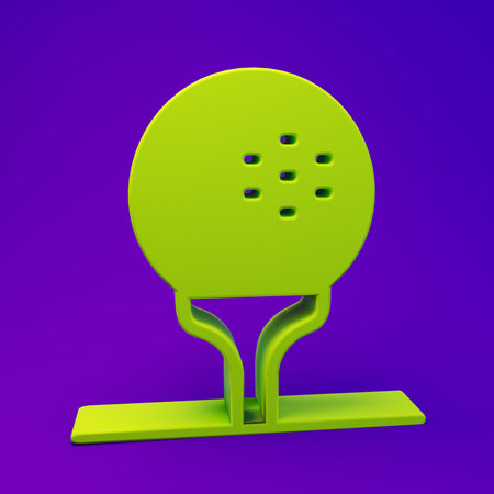 Green Golf ball on tee icon isolated on purple-blue background. Minimalism concept. 3D render illustration.の写真素材