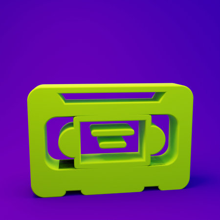 Green VHS video cassette tape icon isolated on purple-blue background. Minimalism concept. 3D render...