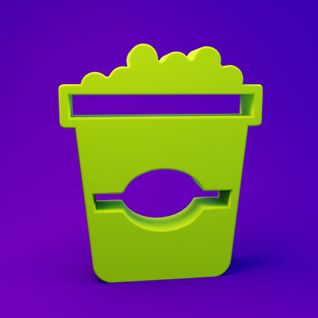 Green Popcorn in cardboard box icon isolated on purple-blue background. Popcorn bucket box. Minimalism concept. 3D render illustration.の写真素材