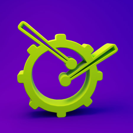 Green Drum with drum sticks icon isolated on purple-blue background. Music sign. Musical instrument symbol. Minimalism concept. 3D render illustration.の写真素材