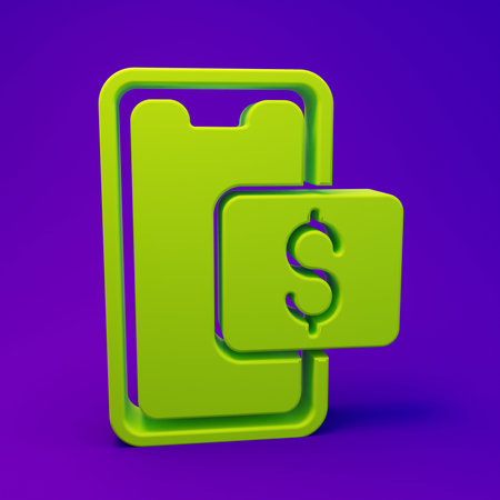 Green Mobile phone and shopping cart icon isolated on purple-blue background. Online buying symbol. Supermarket basket symbol. Minimalism concept. 3D render illustration.の写真素材