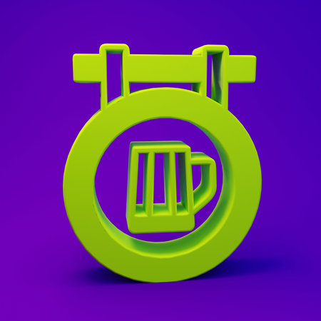 Green Street signboard with glass of beer icon isolated on purple-blue background. Suitable for advertisements bar, cafe, pub, restaurant. Minimalism concept. 3D render illustration.の写真素材