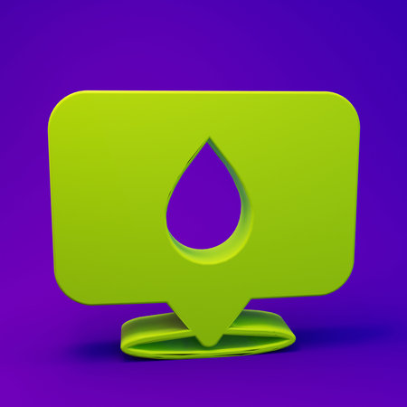 Green Water drop with location icon isolated on purple-blue background. Minimalism concept. 3D...