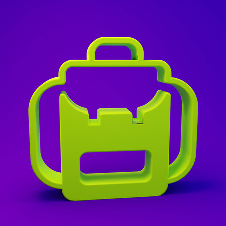 Green Hiking backpack icon isolated on purple-blue background. Camping and mountain exploring backpack. Minimalism concept. 3D render illustration.の写真素材