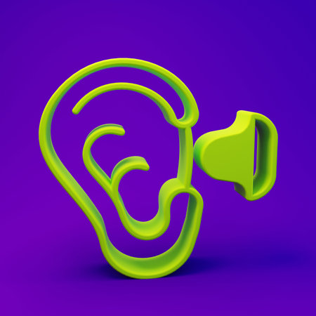 Green Earplugs and ear icon isolated on purple-blue background. Ear plug sign. Noise symbol. Sleeping quality concept. Minimalism concept. 3D render illustration.の写真素材