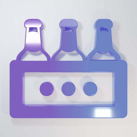 Purple-blue Pack of beer bottles icon isolated on gray background. Wooden box and beer bottles. Case crate beer box sign. Minimalism concept. 3D render illustration.の写真素材