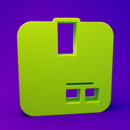 Green Carton cardboard box icon isolated on purple-blue background. Box, package, parcel sign. Delivery and packaging. Minimalism concept. 3D render illustration.の写真素材