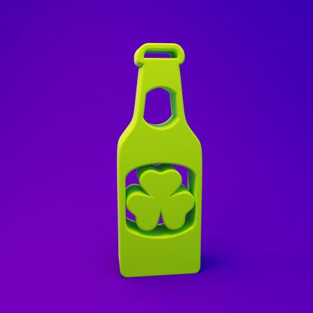 Green Beer bottle with clover trefoil leaf icon isolated on purple-blue background. Happy Saint Patricks day. National Irish holiday. Minimalism concept. 3D render illustration.の写真素材