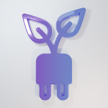 Purple-blue Electric saving plug in leaf icon isolated on gray background. Save energy electricity. Environmental protection. Bio energy. Minimalism concept. 3D render illustration.の写真素材