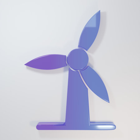 Purple-blue Wind turbine icon isolated on gray background. Wind generator sign. Windmill for electric power production. Minimalism concept. 3D render illustration.の写真素材