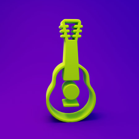 Green Guitar icon isolated on purple-blue background. Acoustic guitar. String musical instrument. Minimalism concept. 3D render illustration.の写真素材