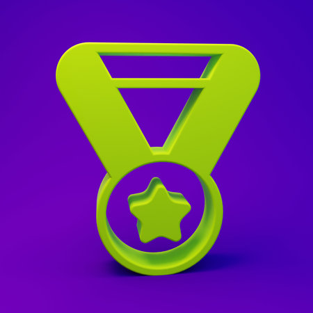 Green Medal icon isolated on purple-blue background. Winner symbol. Minimalism concept. 3D render illustration.の写真素材