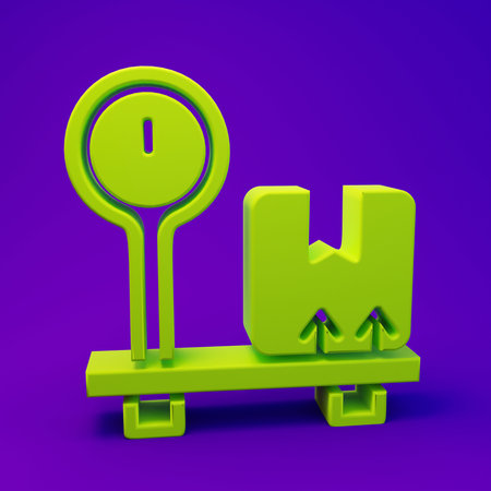 Green Scale with cardboard box icon isolated on purple-blue background. Logistics and delivery. Weight of delivery package on a scale. Minimalism concept. 3D render illustration.の写真素材