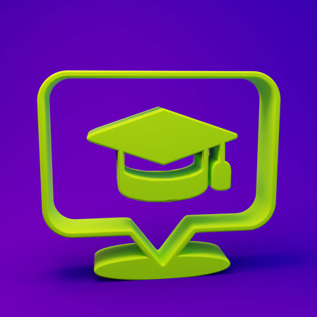 Green Graduation cap in speech bubble icon isolated on purple-blue background. Graduation hat with tassel icon. Minimalism concept. 3D render illustration.の写真素材
