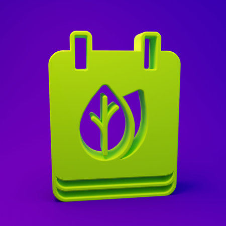 Green Calendar with autumn leaves icon isolated on purple-blue background. Minimalism concept. 3D...