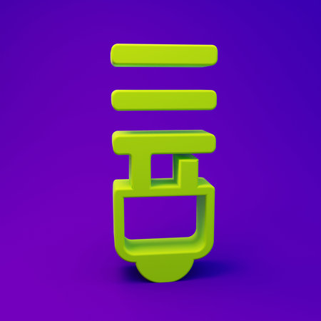 Green LED light bulb icon isolated on purple-blue background. Economical LED illuminated lightbulb. Save energy lamp. Minimalism concept. 3D render illustration.の写真素材