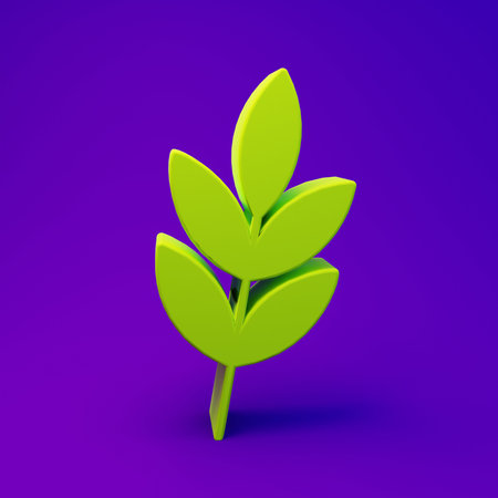 Green Leaf icon isolated on purple-blue background. Leaves sign. Fresh natural product symbol. Minimalism concept. 3D render illustration.の写真素材