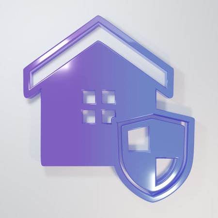 Purple-blue House with shield icon isolated on gray background. Insurance concept. Security, safety, protection, protect concept. Minimalism concept. 3D render illustration.の写真素材