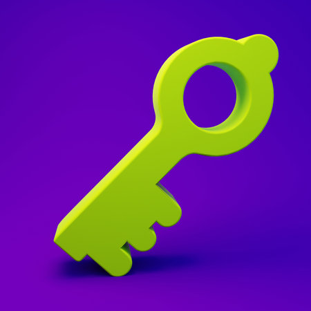 Green Old magic key icon isolated on purple-blue background. Minimalism concept. 3D render illustration.の写真素材