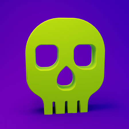 Green Skull icon isolated on purple-blue background. Happy Halloween party. Minimalism concept. 3D render illustration.の写真素材