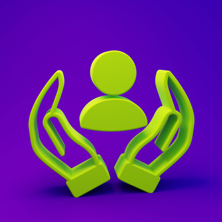 Green Life insurance icon isolated on purple-blue background. Security, safety, protection, protect concept. Minimalism concept. 3D render illustration.の写真素材