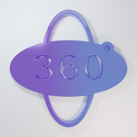 Purple-blue 360 degree view icon isolated on gray background. Virtual reality. Angle 360 degree camera. Panorama photo. Minimalism concept. 3D render illustration.の写真素材