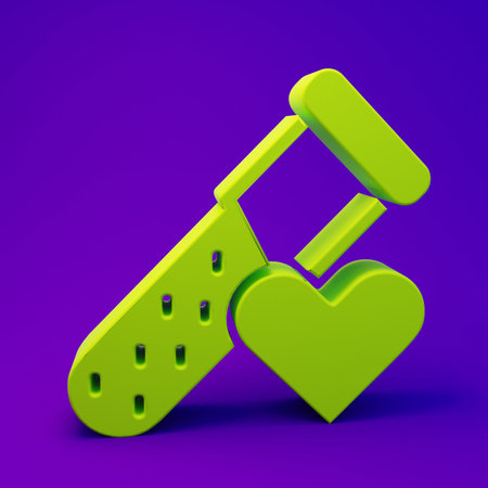 Green Test tube or flask icon isolated on purple-blue background. Laboratory, chemical, scientific glassware sign. Minimalism concept. 3D render illustration.の写真素材