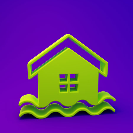 Green House flood icon isolated on purple-blue background. Home flooding under water. Insurance concept. Security, safety, protection, protect concept. Minimalism concept. 3D render illustration.の写真素材