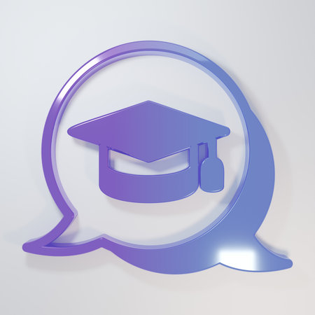 Purple-blue Graduation cap in speech bubble icon isolated on gray background. Graduation hat with tassel icon. Minimalism concept. 3D render illustration.の写真素材