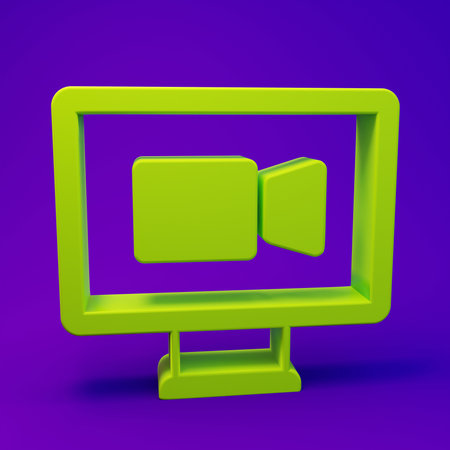 Green Video chat conference icon isolated on purple-blue background. Online meeting work form home. Remote project management. Minimalism concept. 3D render illustration.の写真素材