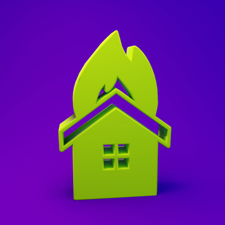 Green Fire in burning house icon isolated on purple-blue background. Insurance concept. Security, safety, protection, protect concept. Minimalism concept. 3D render illustration.の写真素材